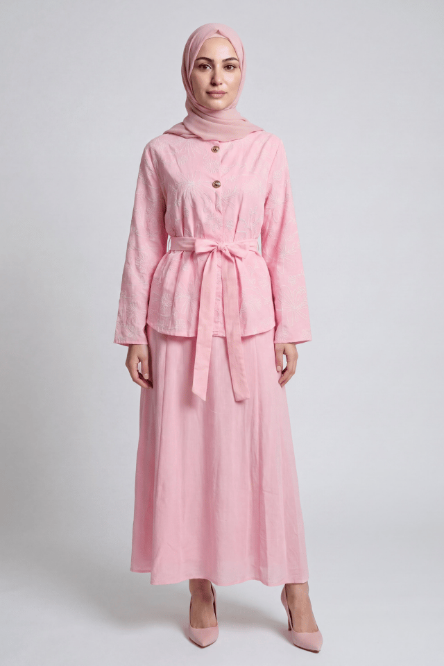 Çiçek Nakışlı İki Düğmeli Keten Etekli Takım - Pembe