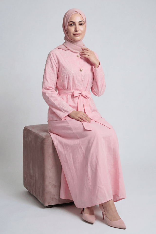 Çiçek Nakışlı İki Düğmeli Keten Etekli Takım - Pembe