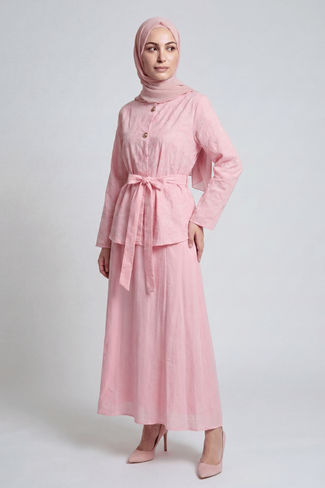 Çiçek Nakışlı İki Düğmeli Keten Etekli Takım - Pembe