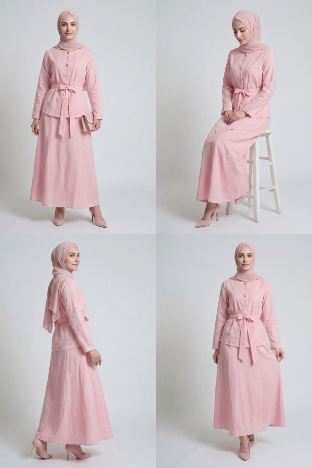 Çiçek Nakışlı İki Düğmeli Keten Etekli Takım - Pembe
