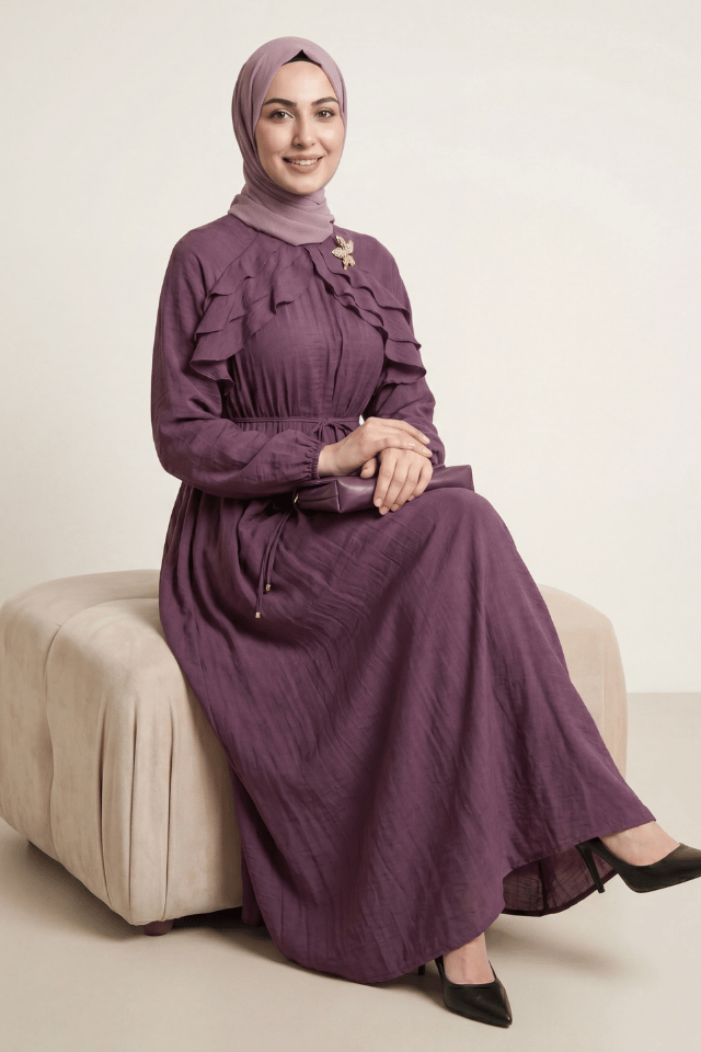 Göğsü Fırfırlı Yıldız Broş Detaylı Anita Astarlı Vual Elbise - Mürdüm