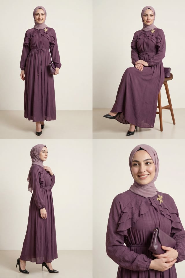 Göğsü Fırfırlı Yıldız Broş Detaylı Anita Astarlı Vual Elbise - Mürdüm