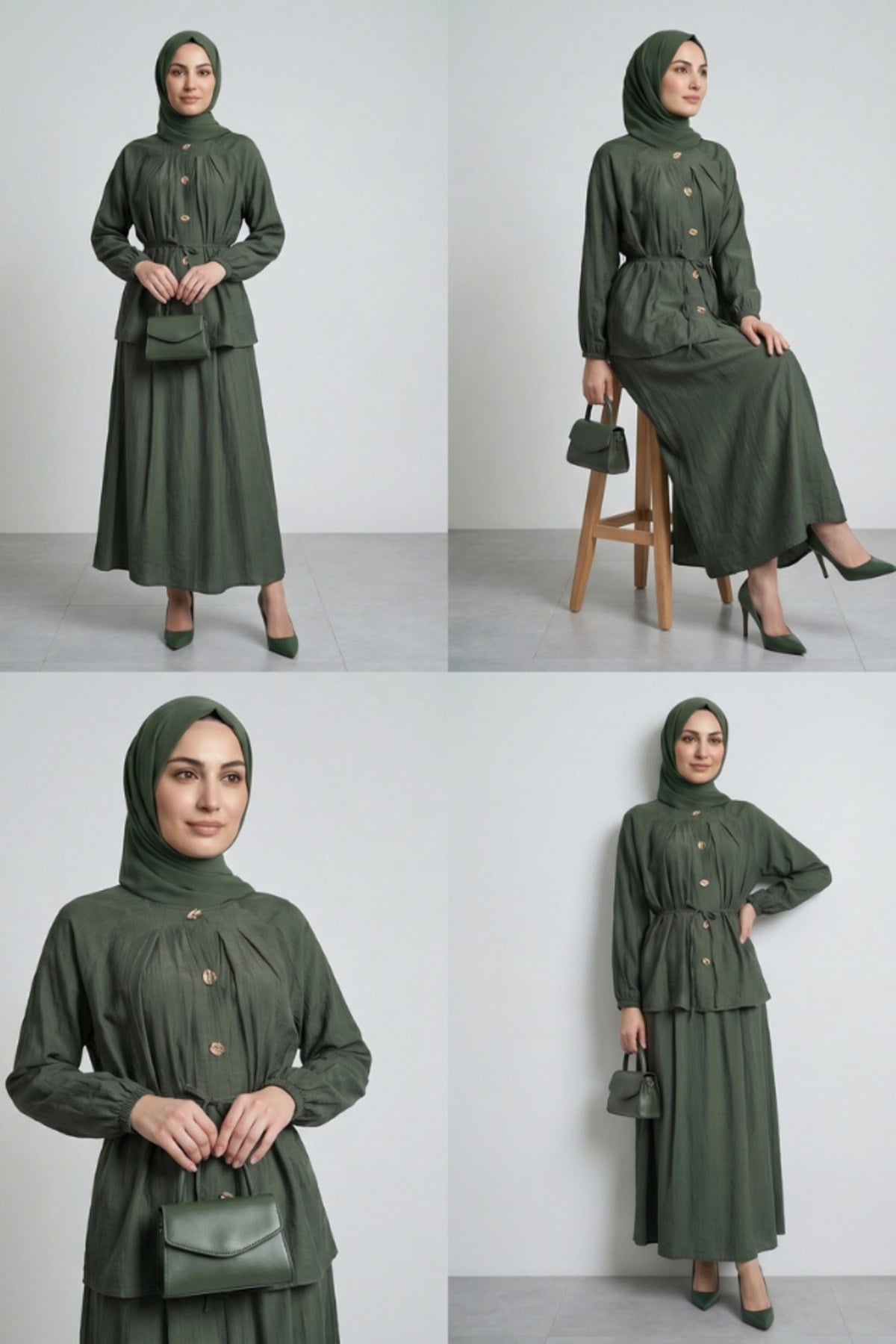 GÖĞSÜ PİLELİ REGLAN KOL GÖMLEK ETEK ÇİLEK TAKIM Yeşil