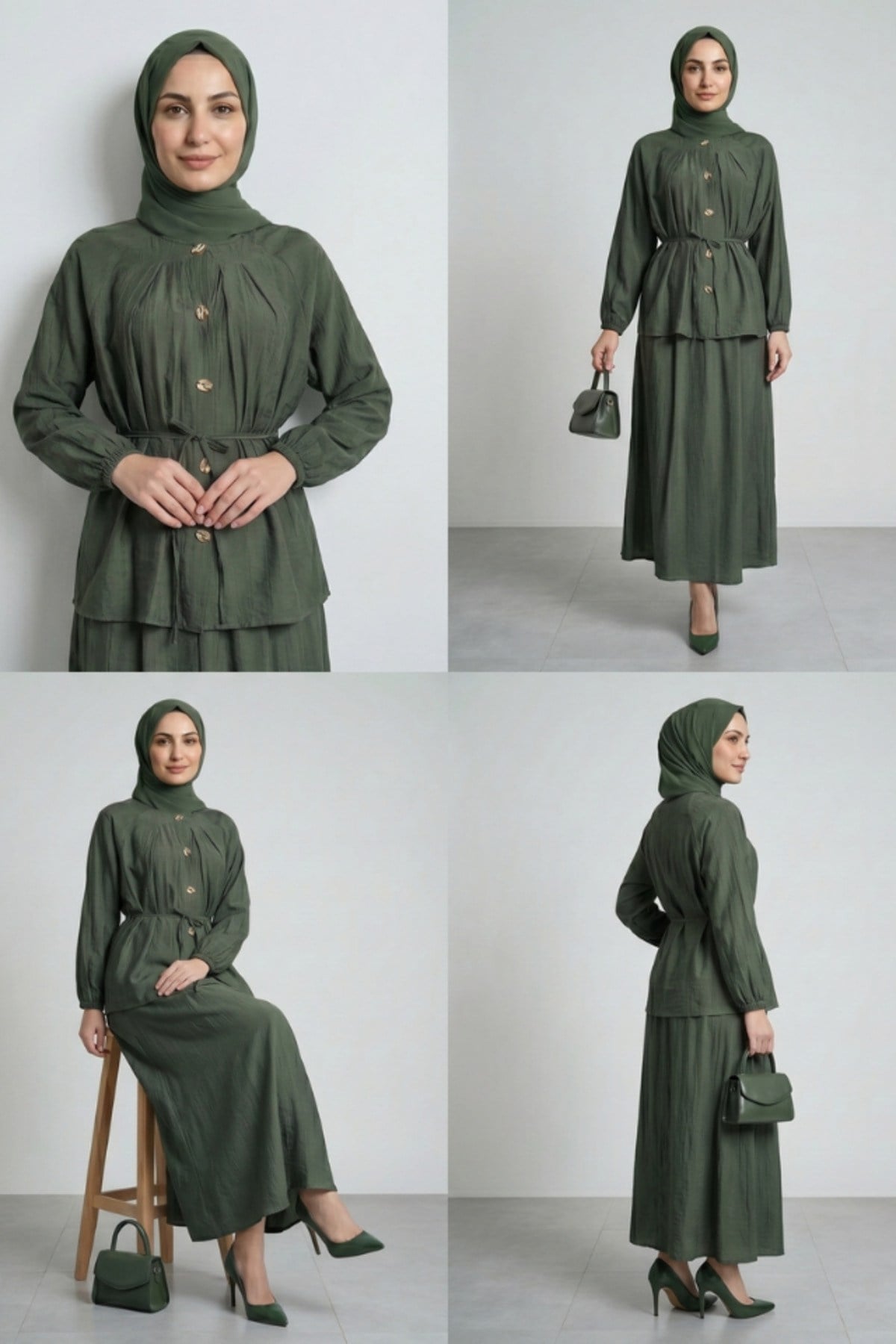 GÖĞSÜ PİLELİ REGLAN KOL GÖMLEK ETEK ÇİLEK TAKIM Yeşil