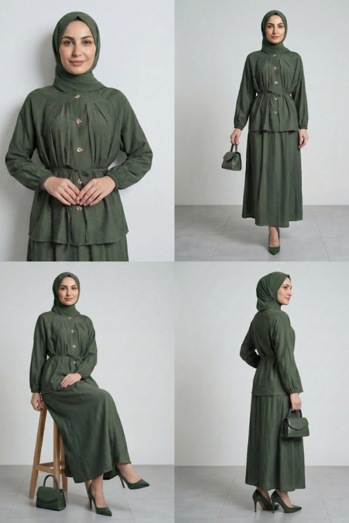 GÖĞSÜ PİLELİ REGLAN KOL GÖMLEK ETEK ÇİLEK TAKIM Yeşil