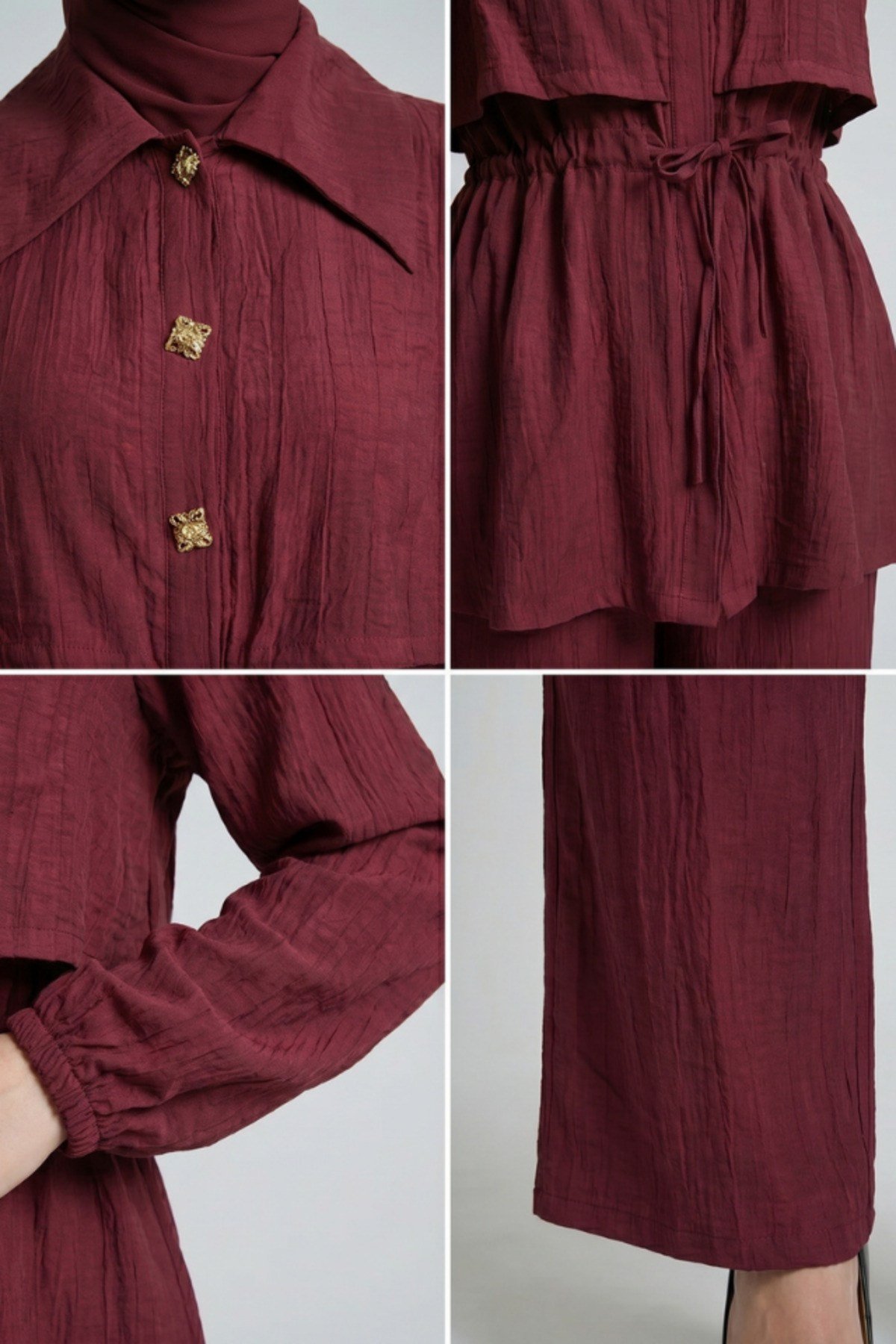 GÖĞSÜ RÜZGARLIKLI BEL BÜZGÜLÜ ÜST PANTOLON ÇİLEK TAKIM Bordo