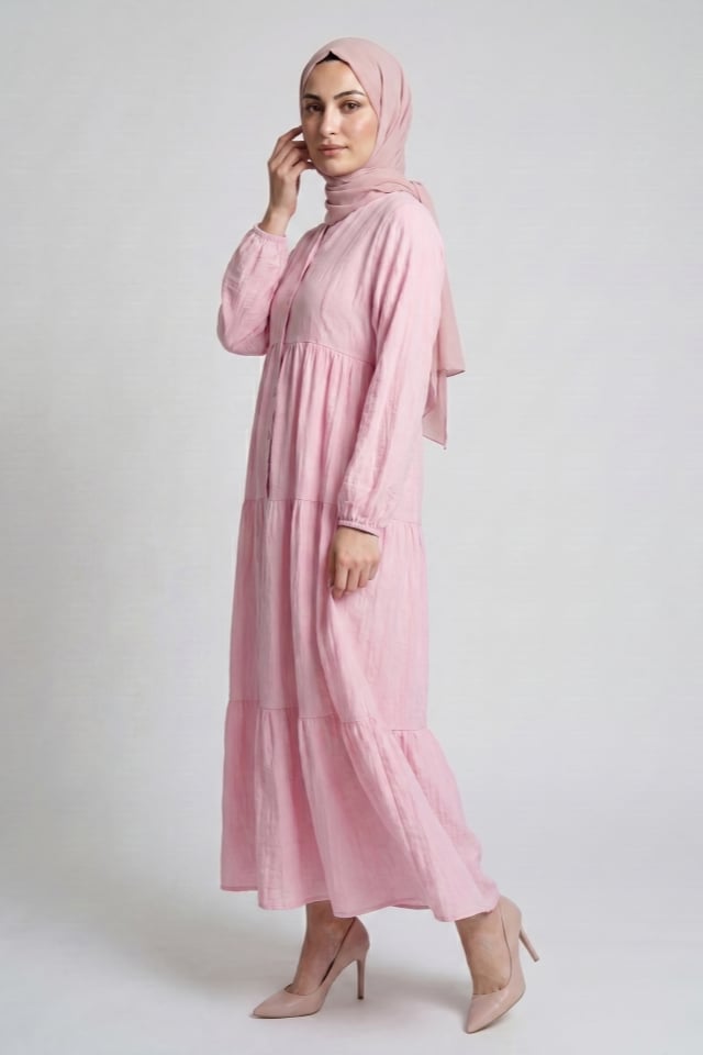 KATLI BÜZGÜLÜ İTHAL ÇİLEK KUMAŞ BOL RAHAT ELBİSE - Pembe