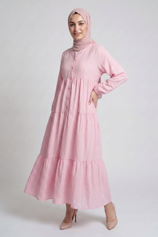 KATLI BÜZGÜLÜ İTHAL ÇİLEK KUMAŞ BOL RAHAT ELBİSE - Pembe