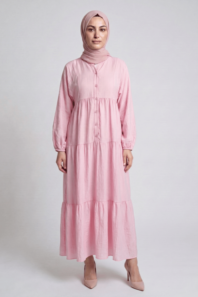 KATLI BÜZGÜLÜ İTHAL ÇİLEK KUMAŞ BOL RAHAT ELBİSE - Pembe