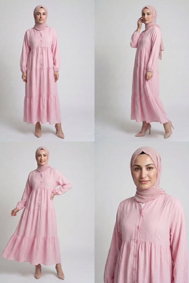 KATLI BÜZGÜLÜ İTHAL ÇİLEK KUMAŞ BOL RAHAT ELBİSE - Pembe