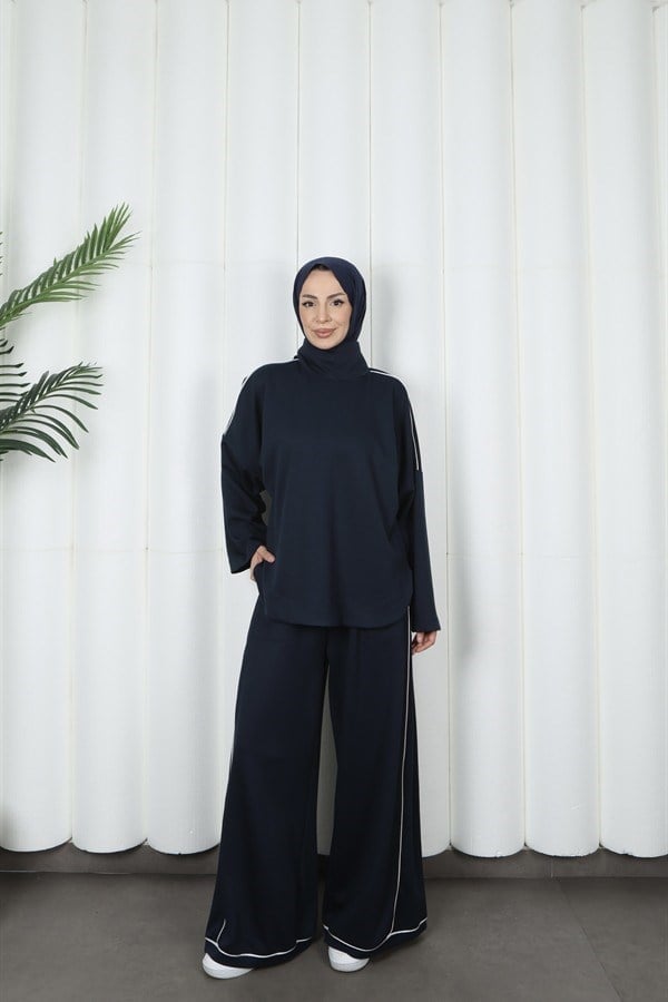 moda evcen 1051 şerit detaylı oysho takım Lacivert