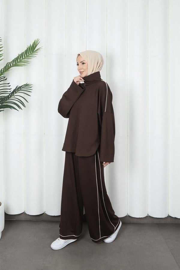 moda evcen 1051 şerit detaylı oysho takım Kahve