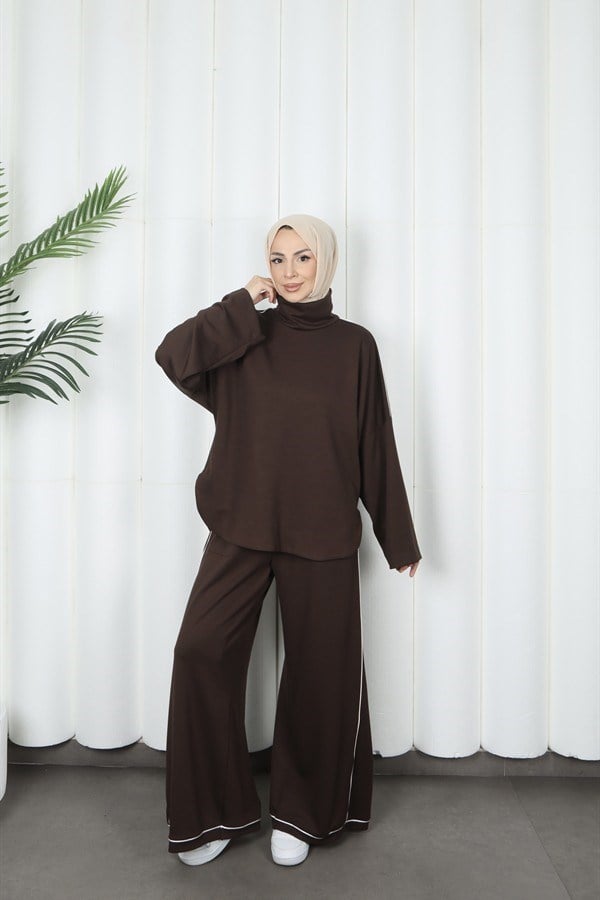 moda evcen 1051 şerit detaylı oysho takım Kahve