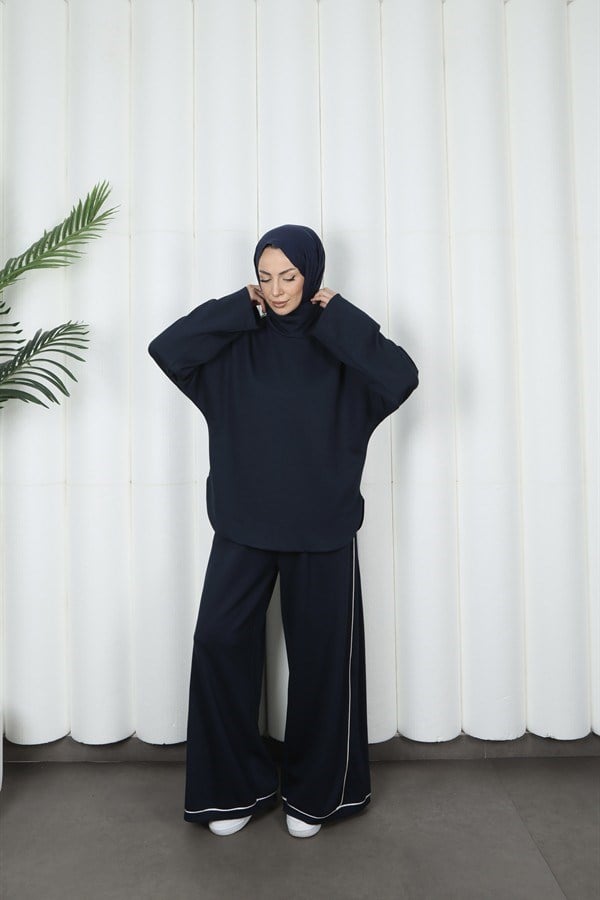 moda evcen 1051 şerit detaylı oysho takım Lacivert
