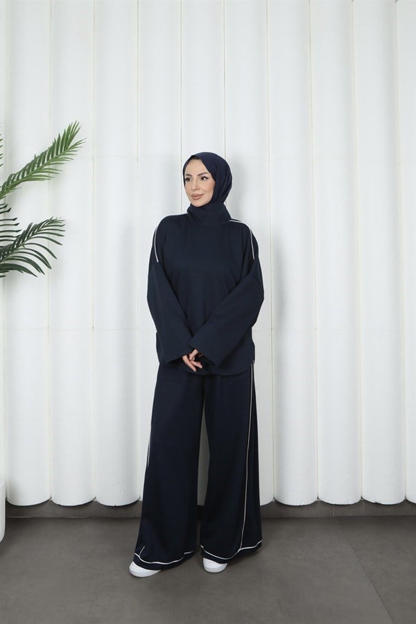 moda evcen 1051 şerit detaylı oysho takım Lacivert