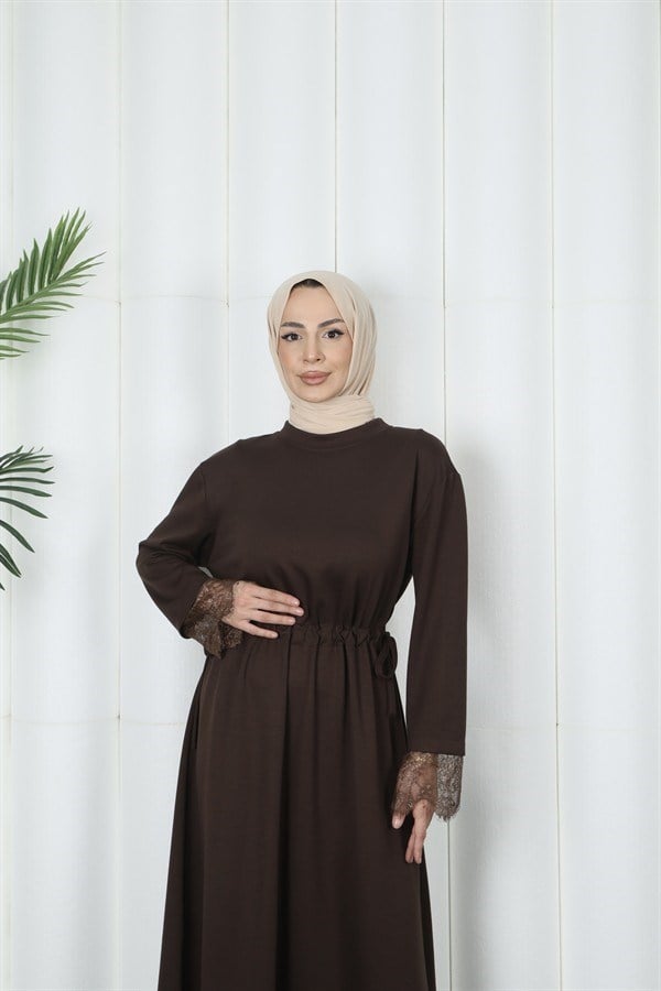 moda evcen dantel elbise 5184 kahve