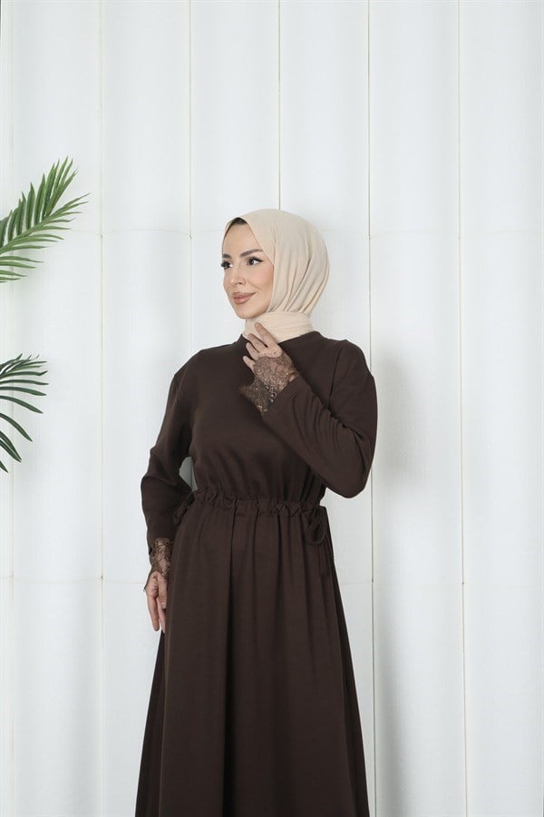 moda evcen dantel elbise 5184 kahve
