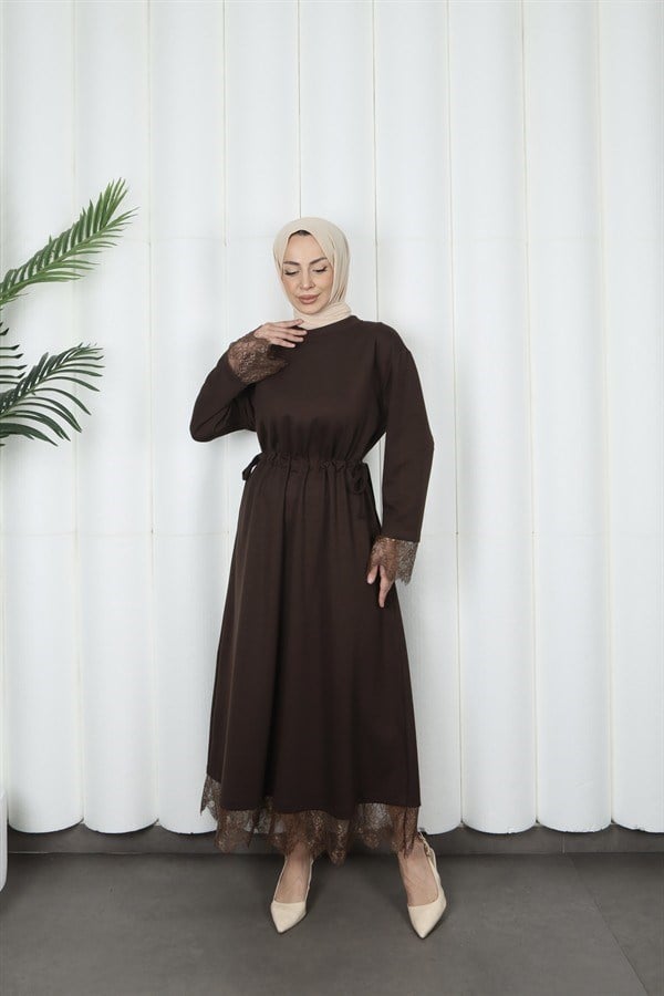 moda evcen dantel elbise 5184 kahve