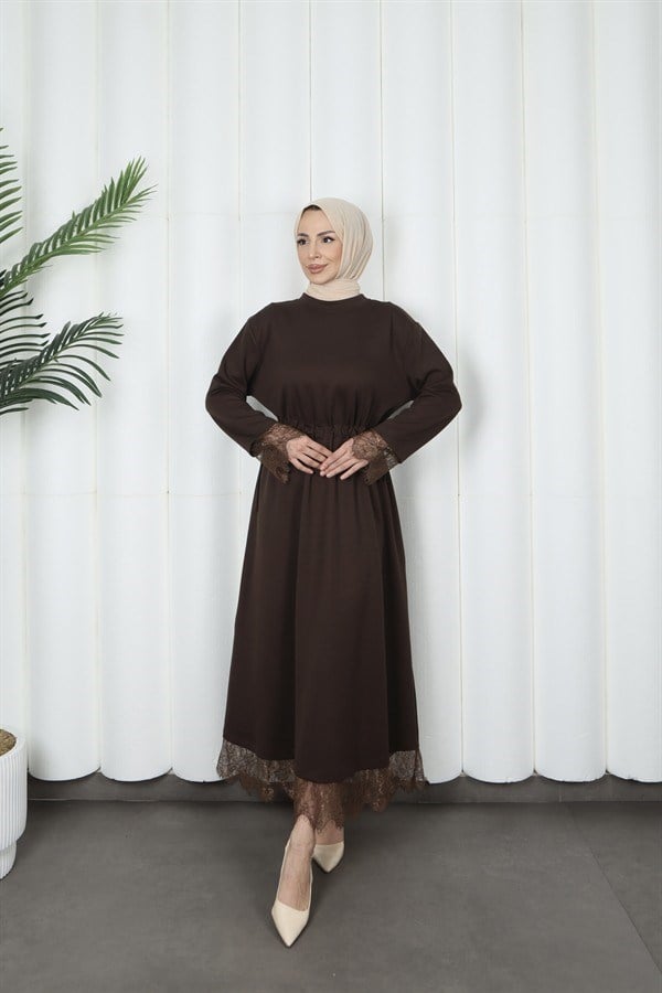 moda evcen dantel elbise 5184 kahve