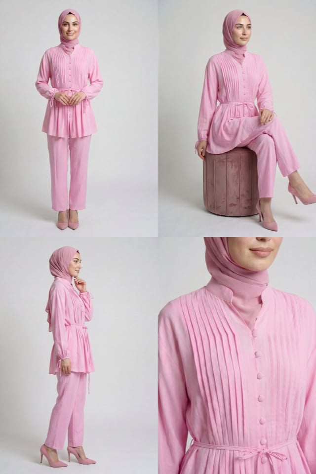 Nevrül Pileli Top Düğmeli Modal Pantolonlu Takım - Pembe