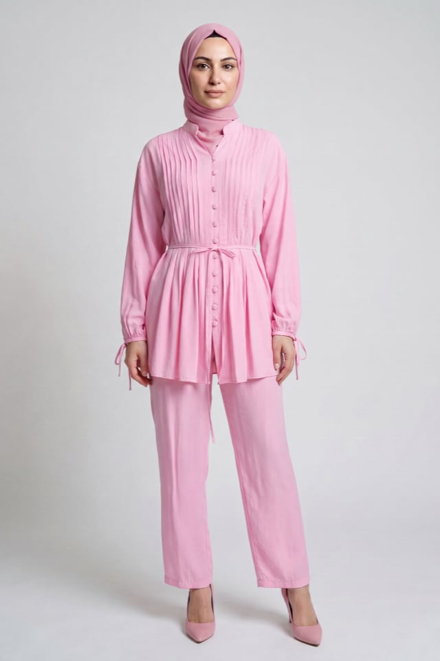 Nevrül Pileli Top Düğmeli Modal Pantolonlu Takım - Pembe