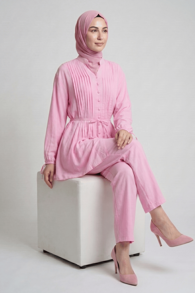 Nevrül Pileli Top Düğmeli Modal Pantolonlu Takım - Pembe