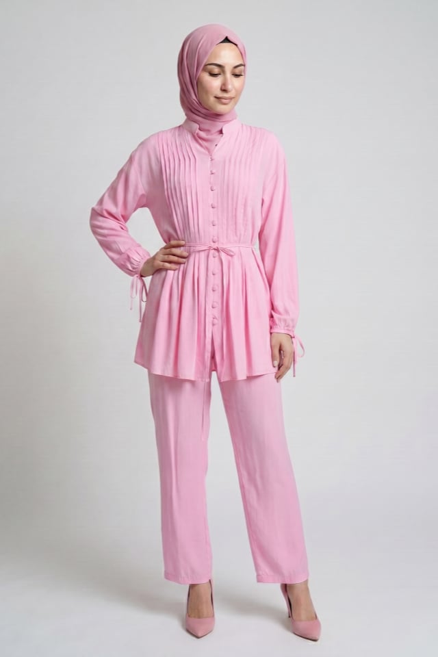 Nevrül Pileli Top Düğmeli Modal Pantolonlu Takım - Pembe