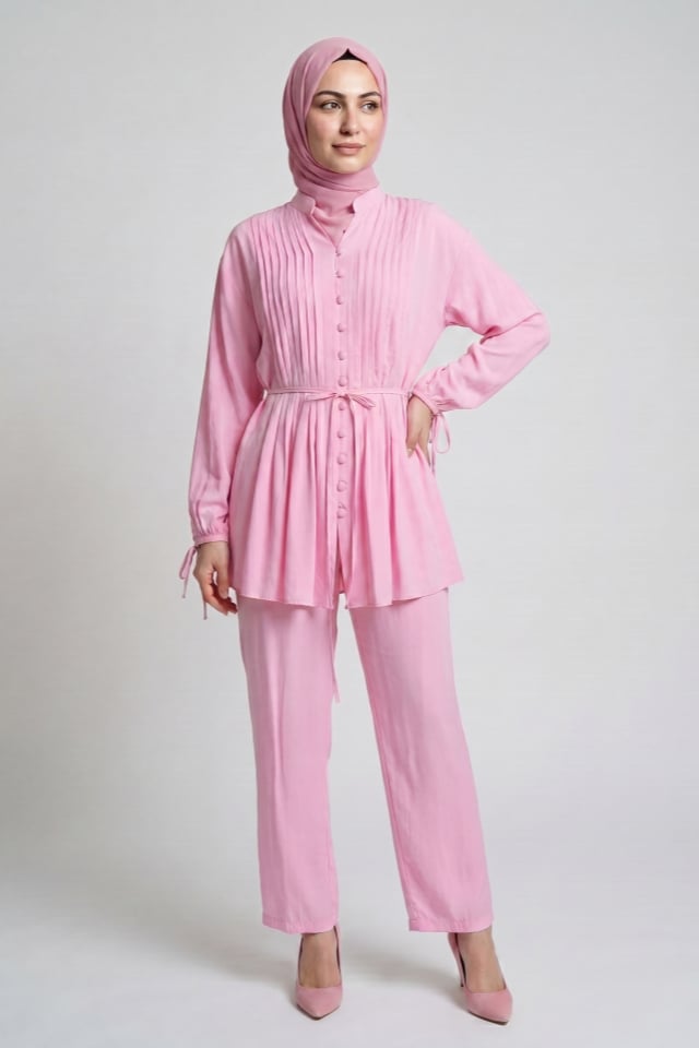 Nevrül Pileli Top Düğmeli Modal Pantolonlu Takım - Pembe
