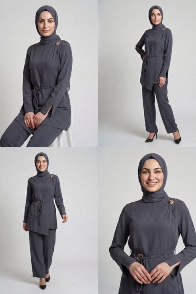 Omzu ve Kuşaği Tokalı Modal Kumaş Pantolonlu Takım - Füme