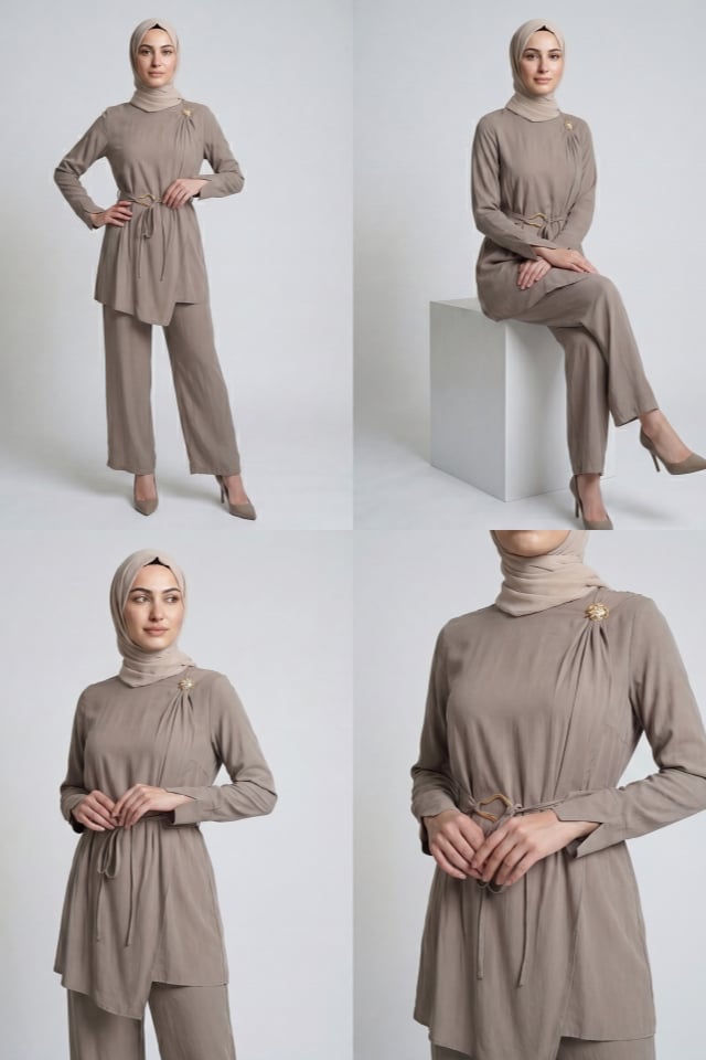 Omzu ve Kuşaği Tokalı Modal Kumaş Pantolonlu Takım - Vizon