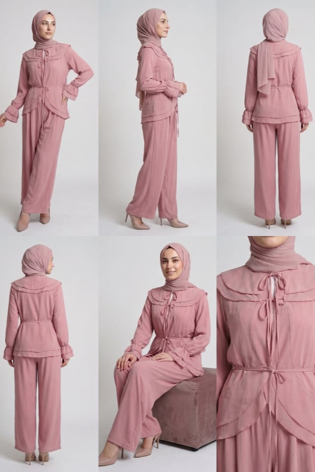 Önden Bağcıklı,Volanlı, İçi Astarlı, Krinkıl Şifon Kumaş Takım - Pembe