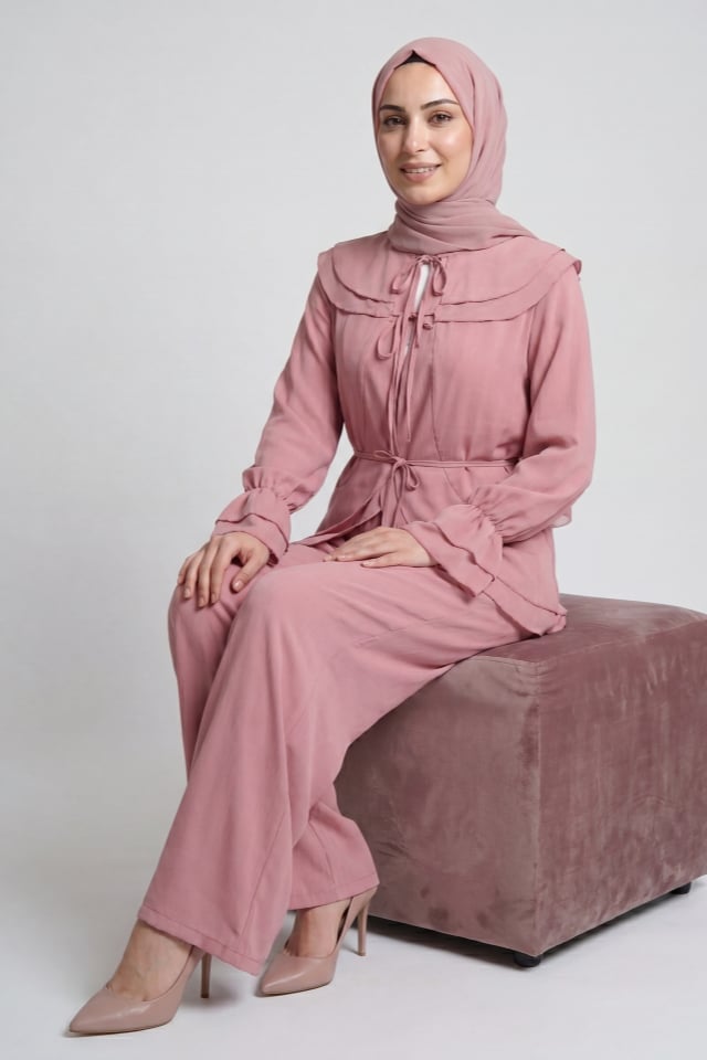 Önden Bağcıklı,Volanlı, İçi Astarlı, Krinkıl Şifon Kumaş Takım - Pembe