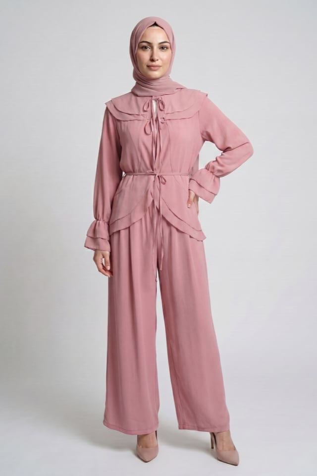 Önden Bağcıklı,Volanlı, İçi Astarlı, Krinkıl Şifon Kumaş Takım - Pembe