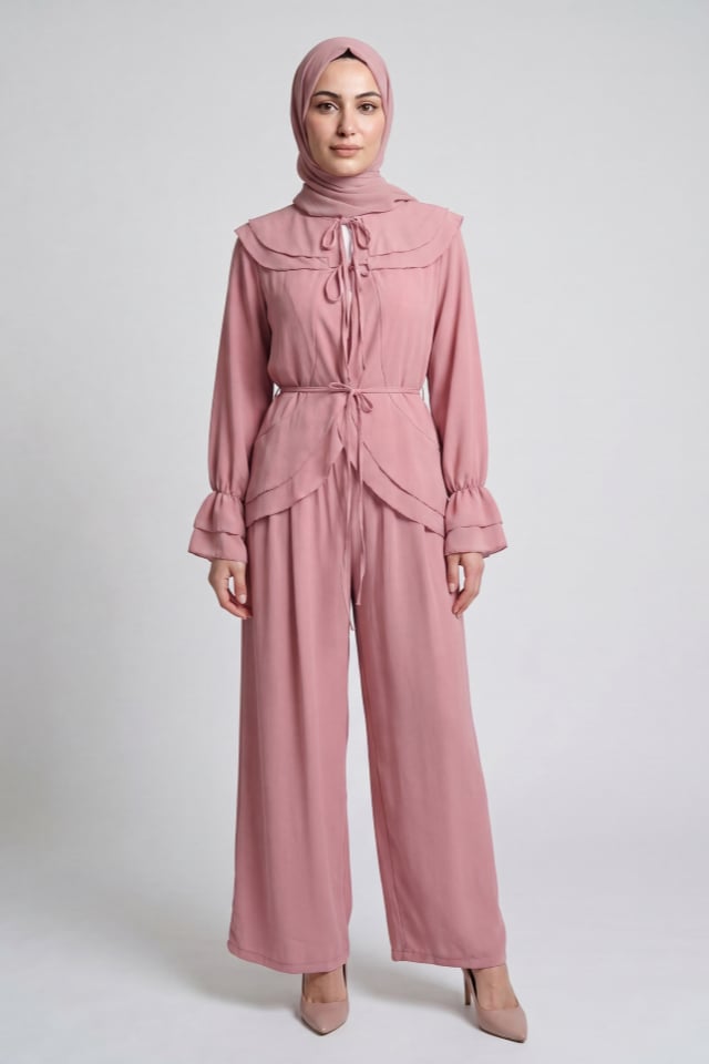 Önden Bağcıklı,Volanlı, İçi Astarlı, Krinkıl Şifon Kumaş Takım - Pembe