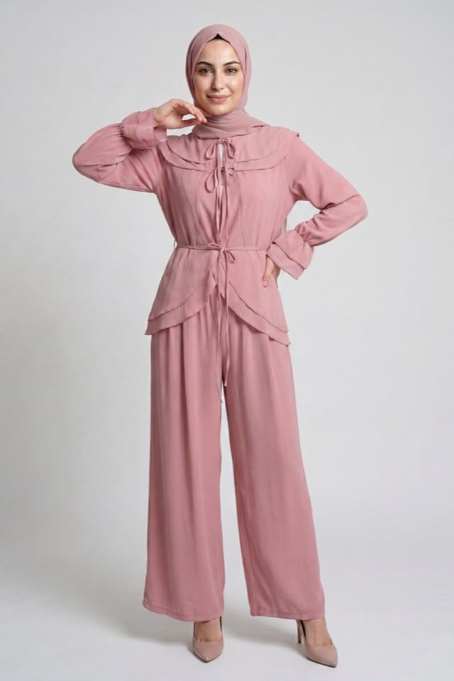 Önden Bağcıklı,Volanlı, İçi Astarlı, Krinkıl Şifon Kumaş Takım - Pembe