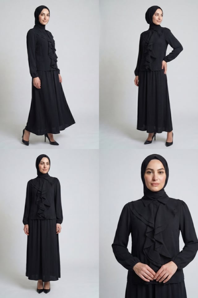 Önü Çift Kat Volanlı Modal Kumaş Eteği Astarlı Takım - Siyah