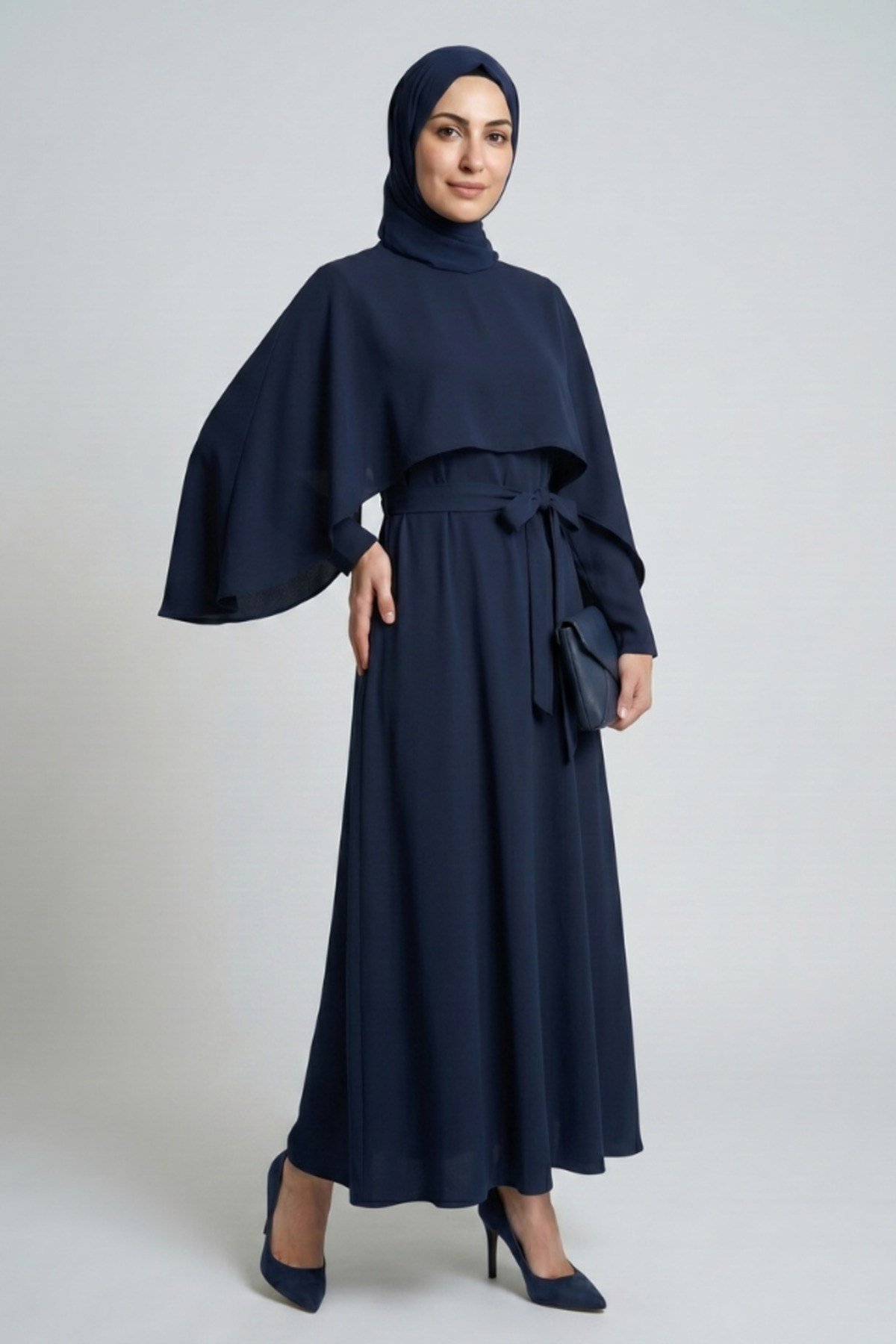 PELERİNLİ PREMİUM PIRLANTA KUMAŞ ELBİSE Lacivert