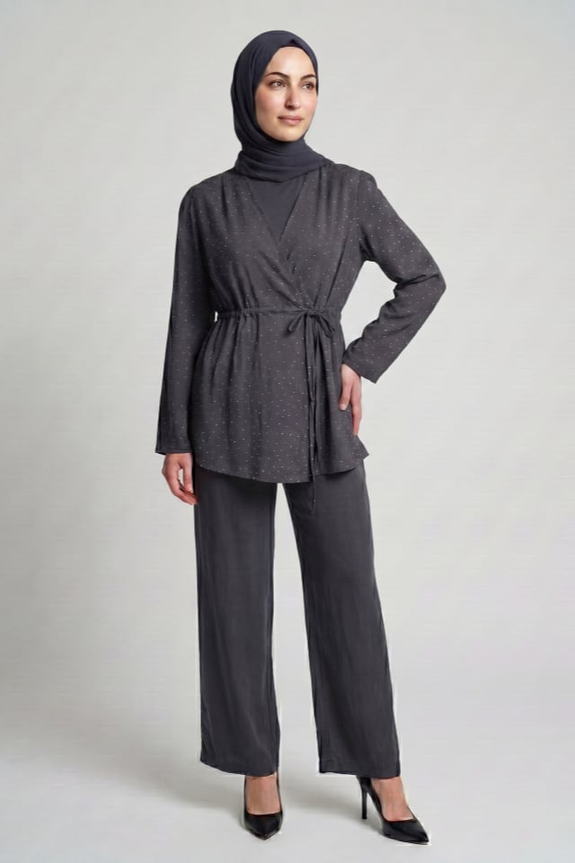 Taş Baskılı Modal Kumaş Kimono Takım - Füme