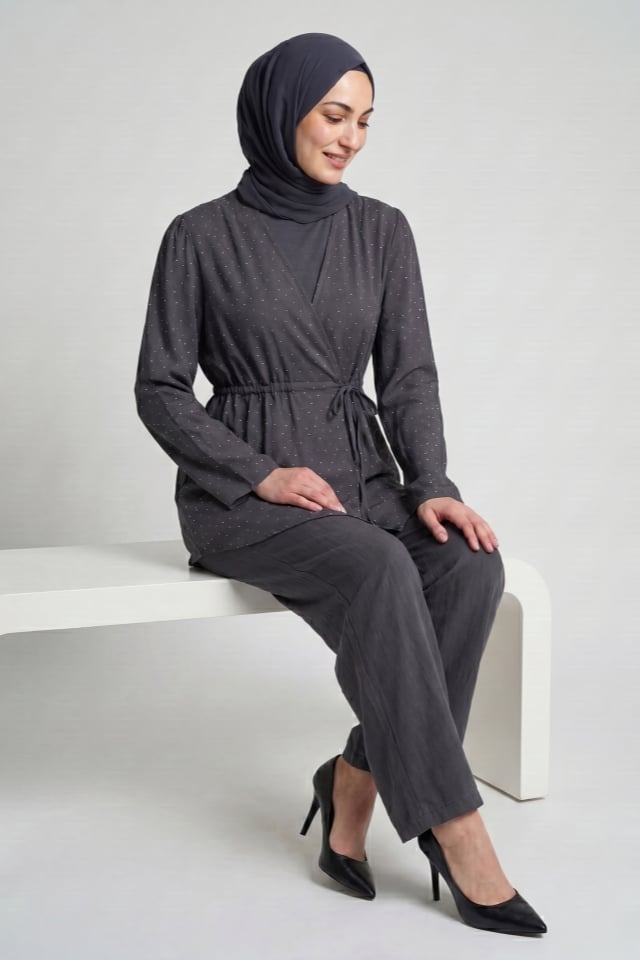 Taş Baskılı Modal Kumaş Kimono Takım - Füme