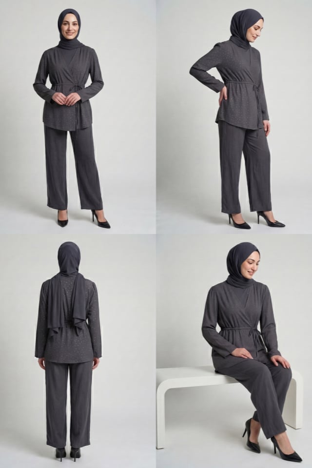 Taş Baskılı Modal Kumaş Kimono Takım - Füme