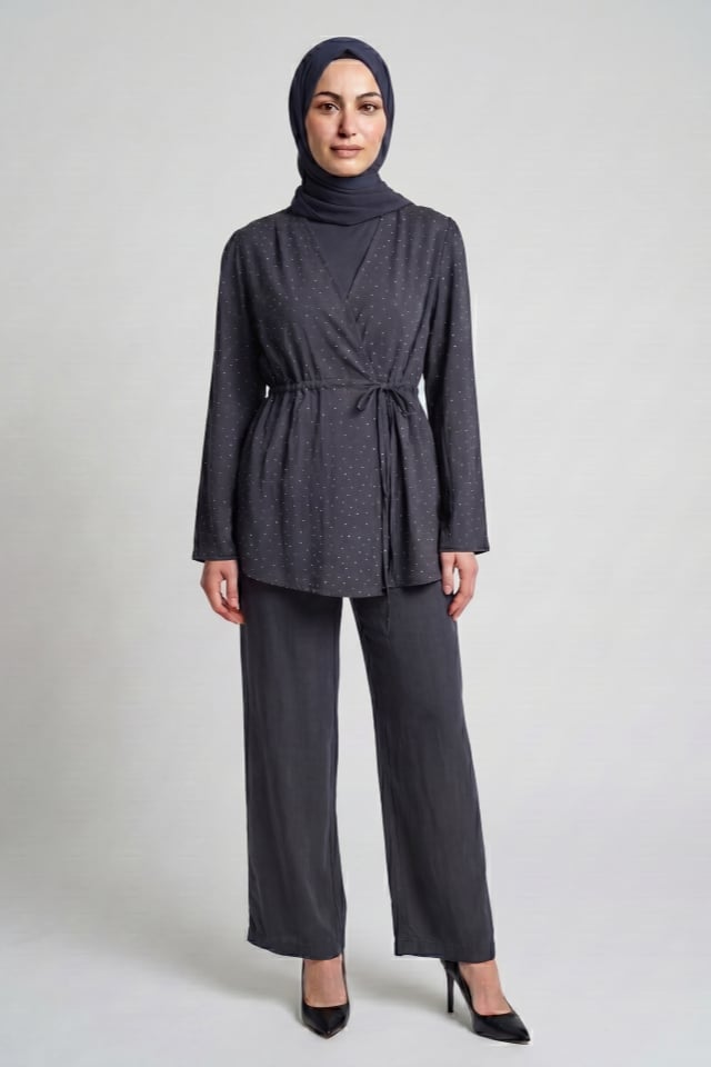 Taş Baskılı Modal Kumaş Kimono Takım - Füme
