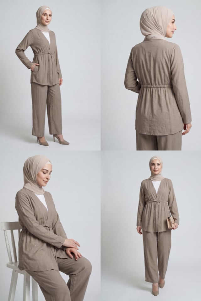 Taş Baskılı Modal Kumaş Kimono Takım - Vizon