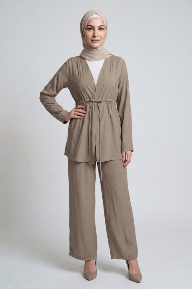 Taş Baskılı Modal Kumaş Kimono Takım - Vizon