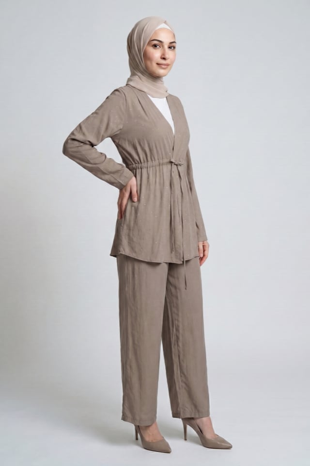 Taş Baskılı Modal Kumaş Kimono Takım - Vizon