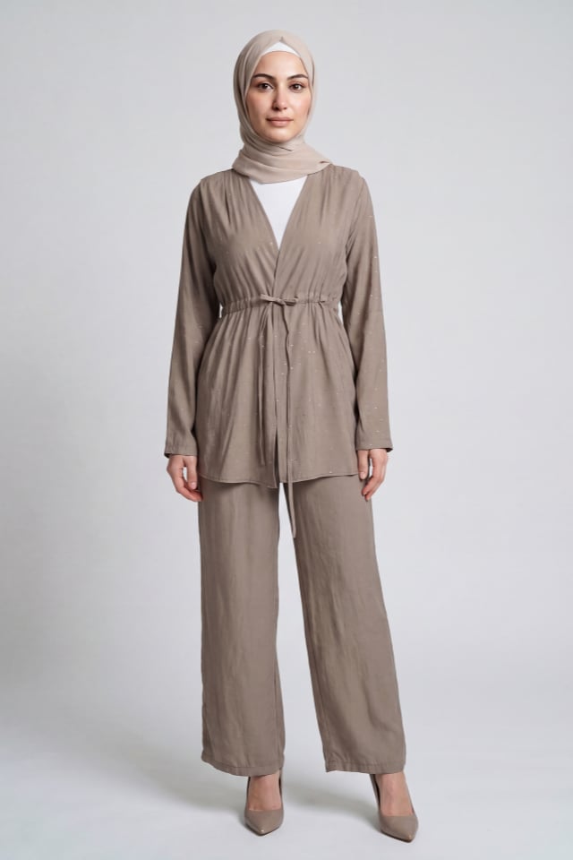Taş Baskılı Modal Kumaş Kimono Takım - Vizon