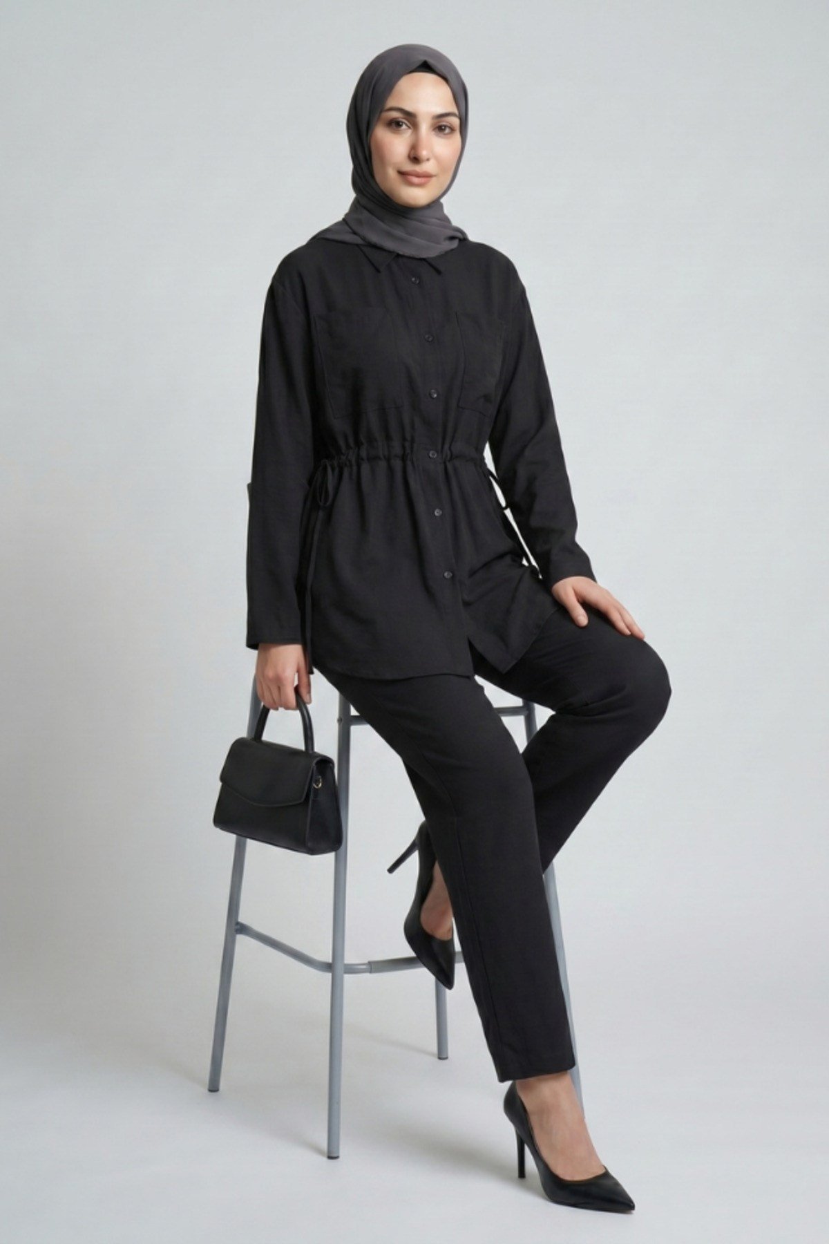 Yandan Bağcıklı Önden Cepli Modal Takım Siyah