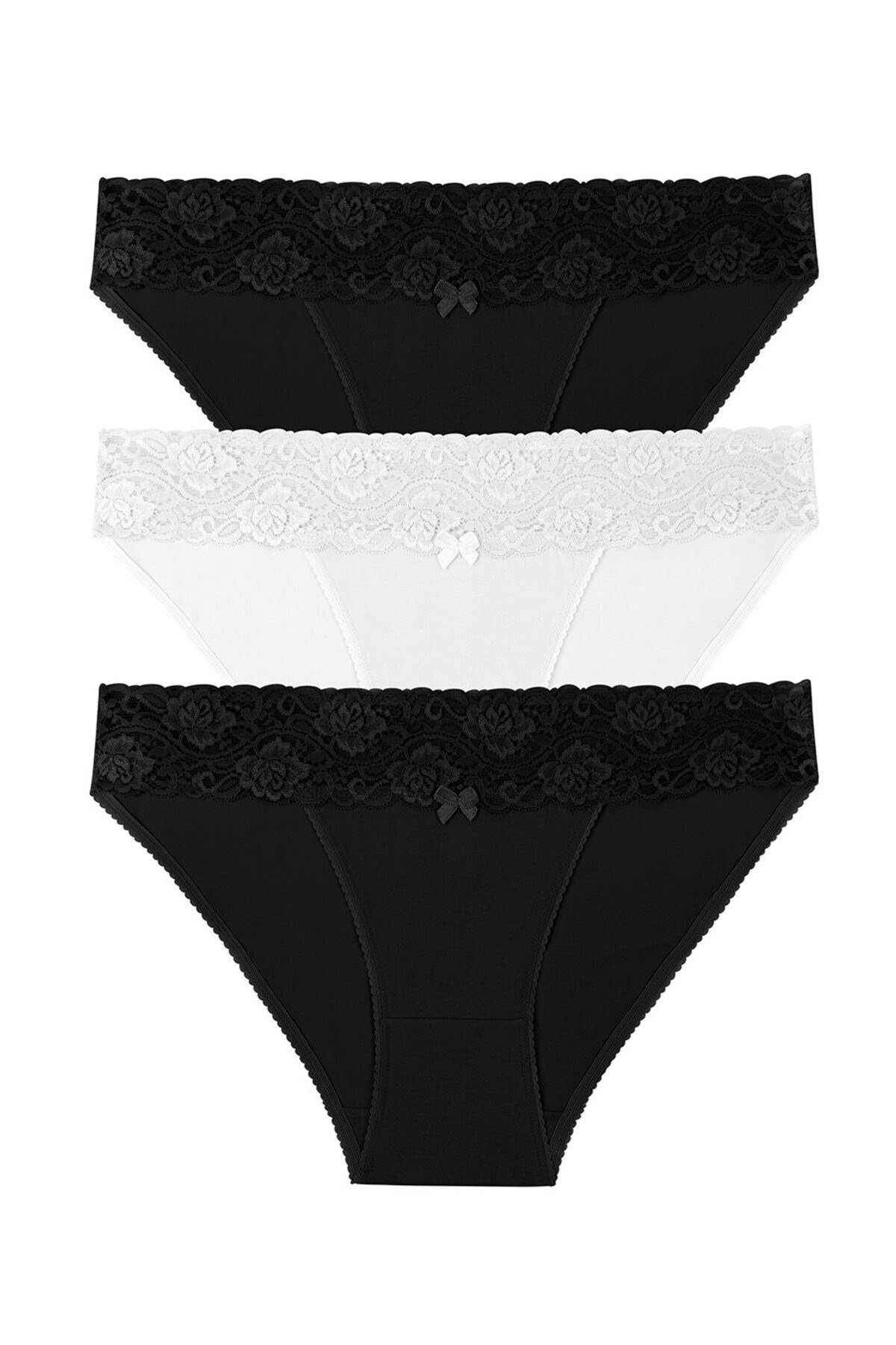 3'lü Pamuklu Dantelli Normal Bel Slip Külot