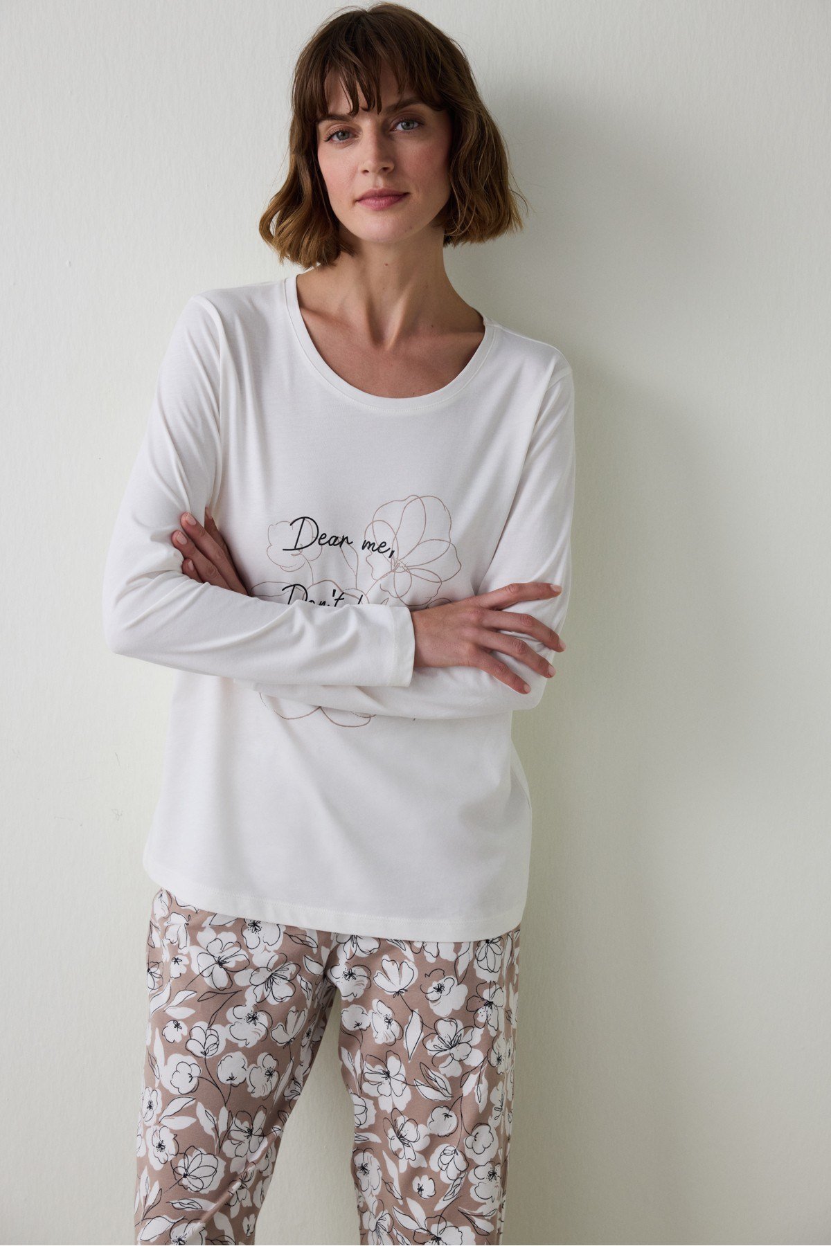 Dear Me Slogan Baskılı Bisiklet Yaka Uzun Kollu Pamuklu Pijama Takımı