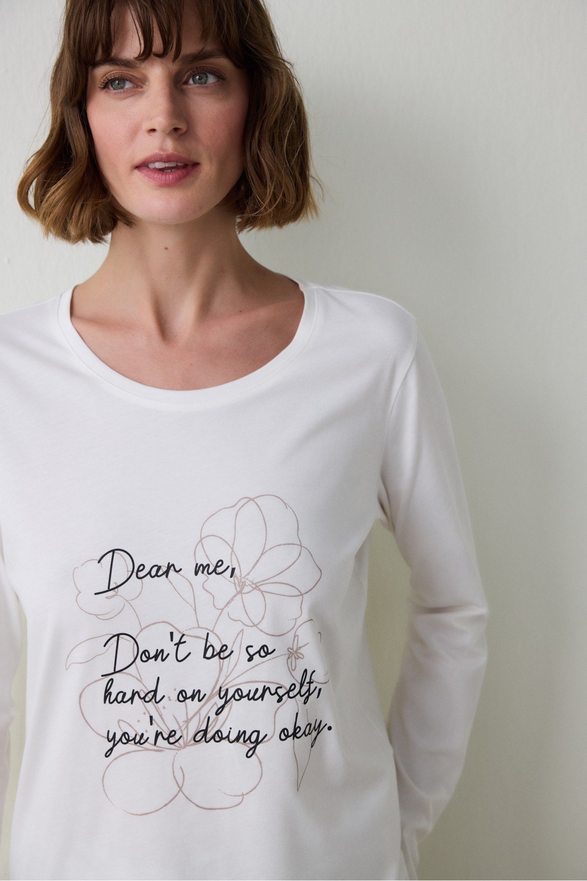Dear Me Slogan Baskılı Bisiklet Yaka Uzun Kollu Pamuklu Pijama Takımı