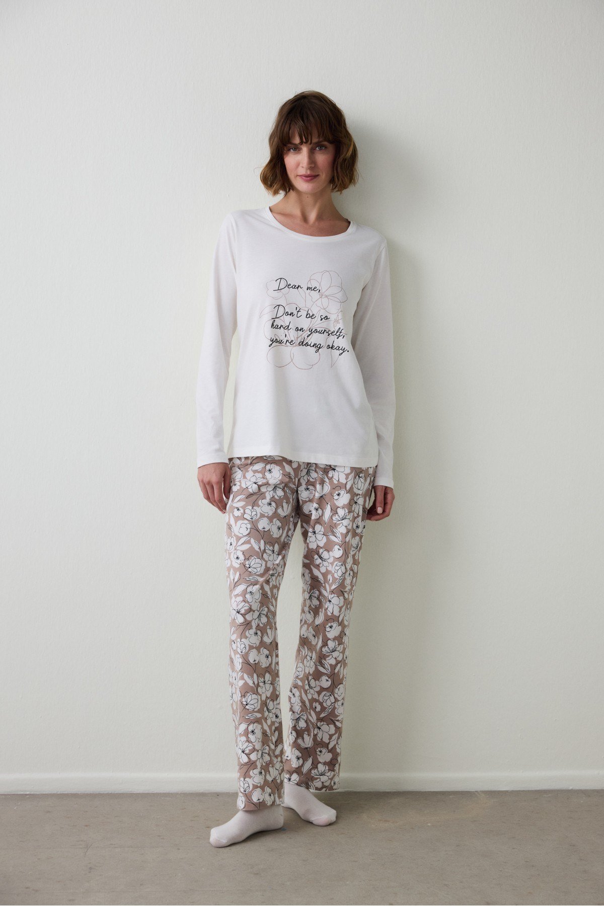 Dear Me Slogan Baskılı Bisiklet Yaka Uzun Kollu Pamuklu Pijama Takımı